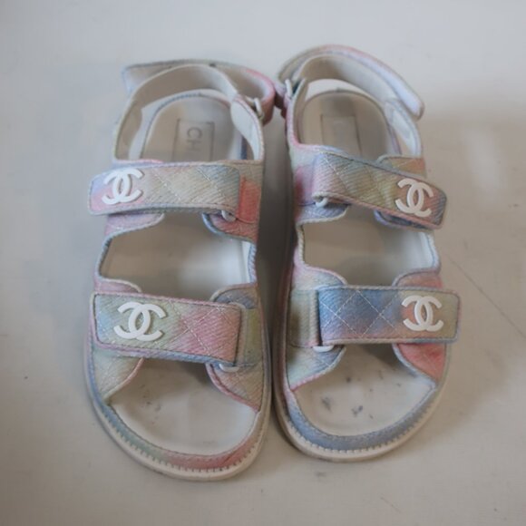 Women Chanel Rainbow Printed Fabric Quilted Interlocked CC Dad Sandals 37 US/6 - Picture 2 of 16